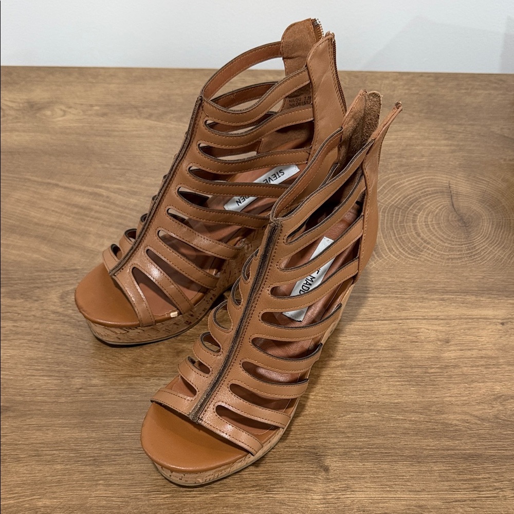 Steve Madden Cognac Cutout Strappy Cork Wedge Sandals